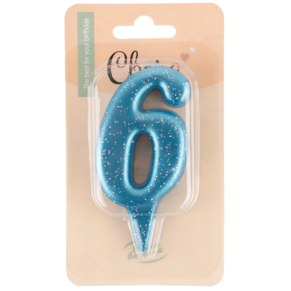 Свеча Овал, Синий, с блестками, Цифра  (Свеча Овал, Синий, с блестками, Цифра 6)
