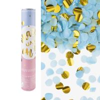 Пневмохлопушка (12/30 см), Гендер Пати, Круги фольга и тишью, Голубой/Золото, 1 шт.