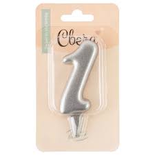 Свеча Цифра,Овал, Серебро, Металлик, 7 см, 1 шт.